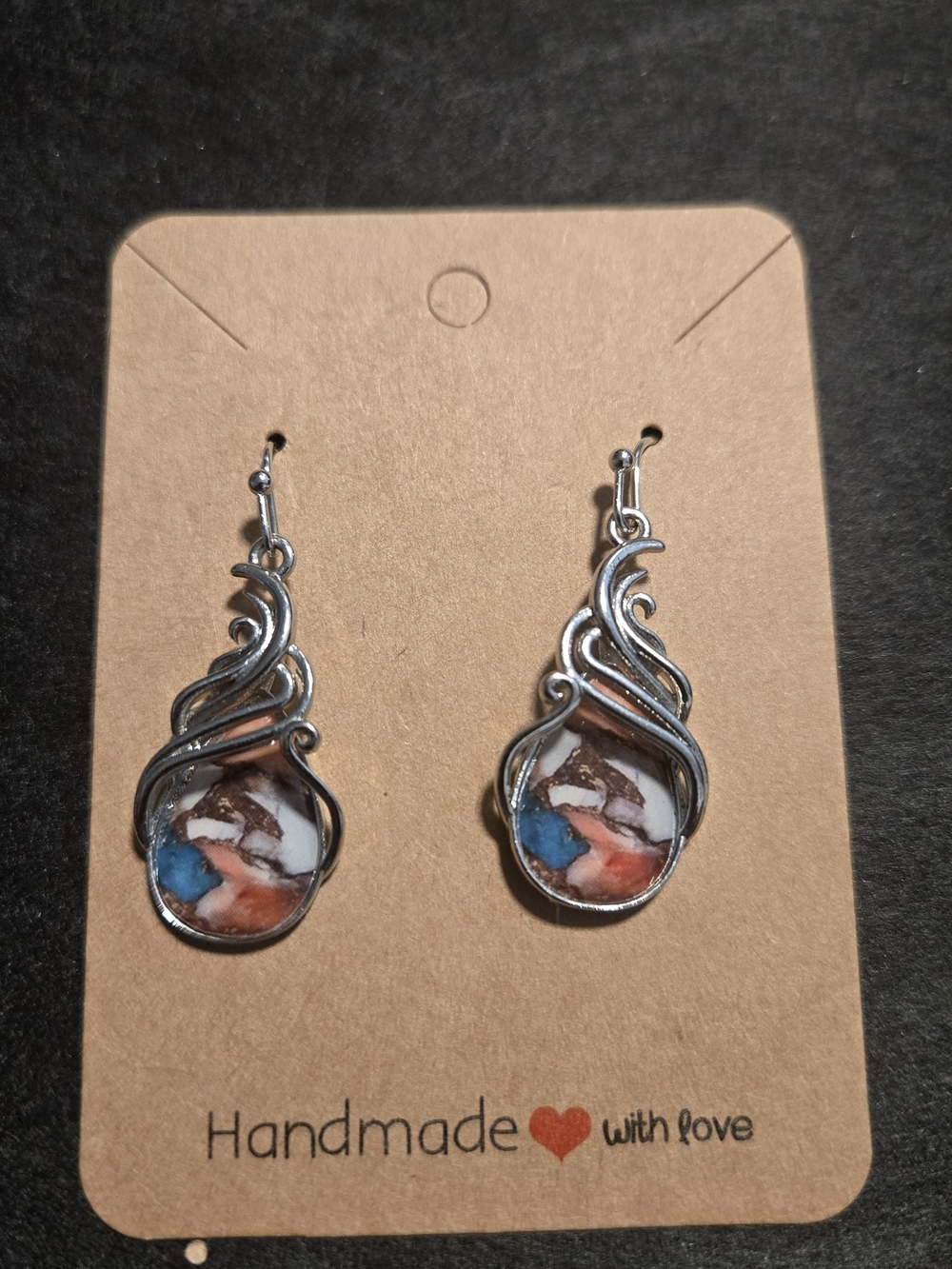 Handmade Silver Teardrop Earrings with Blue and Coral Stone Inlay